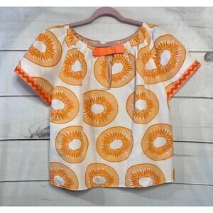 Jules Reid Size LG Short Sleeve Top Bow Accent Orange Ivory Preppy Chic